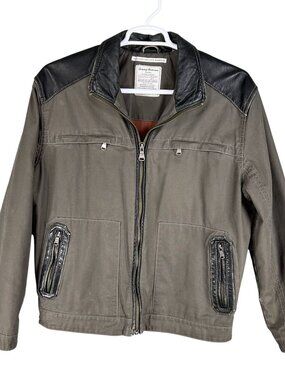 Tommy Bahama Mens XL Moto Canvas Jacket Black Leather Accents Zip Pockets Biker